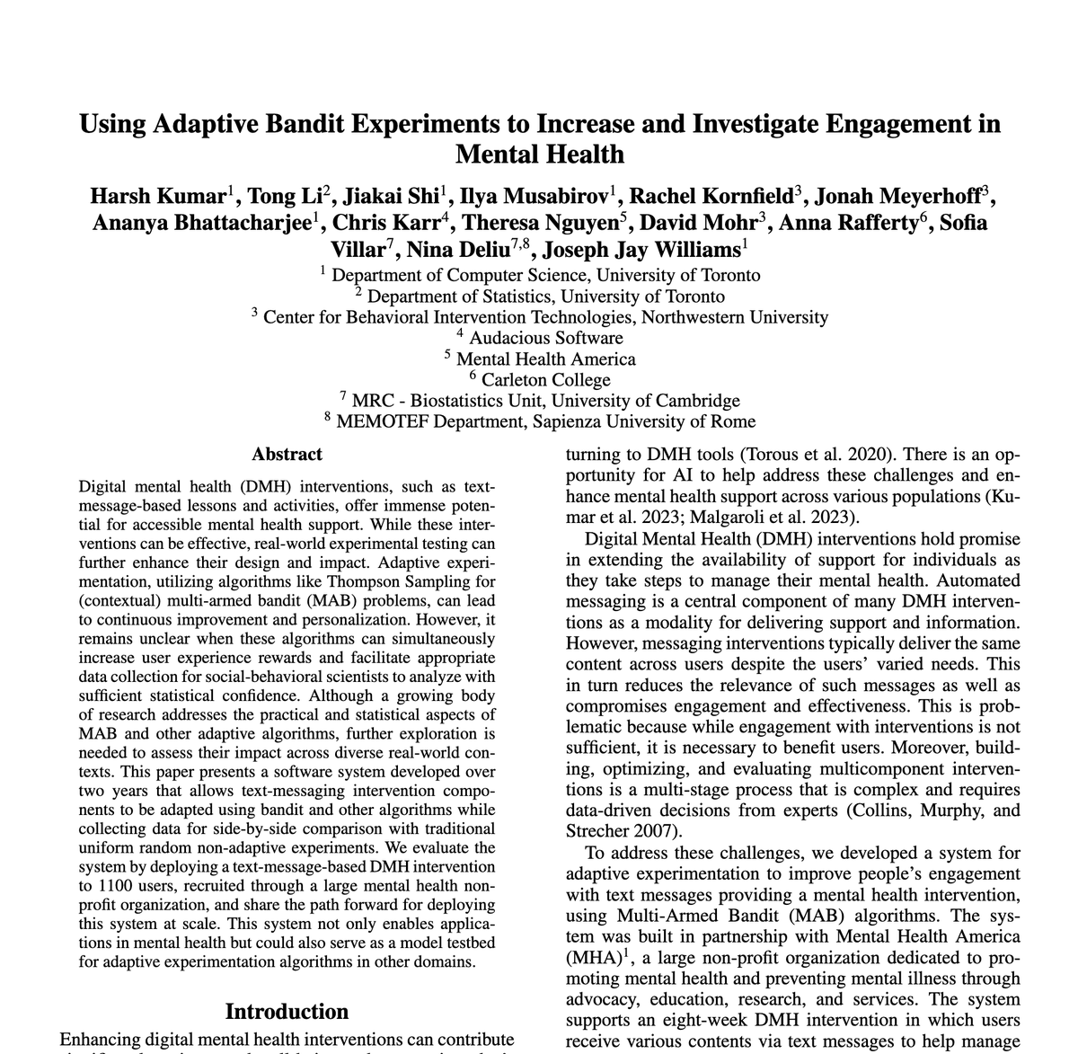 Heading to Vancouver to attend @RealAAAI  conference. We will be presenting our work on using bandit algorithms to increase engagement with mental health technologies (arxiv.org/pdf/2310.18326…) on Saturday (Talk-10AM, Poster-6:15PM) at the 'Innovative Applications of AI' track.