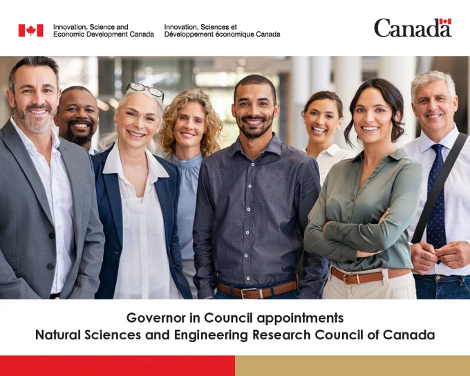Group of smiling professionals. Text: Government in Council appointments. Natural Sciences and Engineering Research Council of Canada.