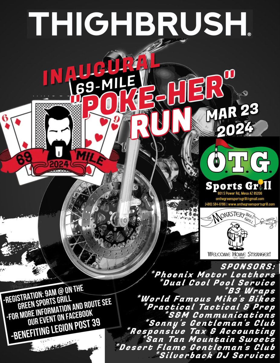 HERE'S THE QR CODE TO PURCHASE YOUR TICKET FOR THE THIGHBRUSH® 69-MILE 'POKE-HER' RUN ON 3-23-2024 STARTING AT THIGHBRUSH STORE/ON THE GREEN SPORTS GRILL IN MESA!

#bikers #bikerchicks #bikerevents #bikerbar #thighbrush #pokerrun #otgsportsgrill