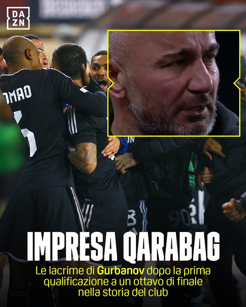 Prima qualificazione nella storia del Qarabag a un ottavo di finale ❤️🇦🇿
Gurban Gurbanov, allenatore del club da 16 anni, non trattiene le lacrime 🥹

#QarabagBraga #UEL #DAZN