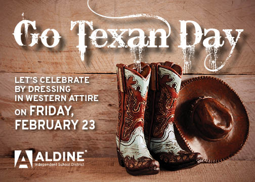 🤠👢 Hey Aldine ISD! 🤠👢 Tomorrow is Go Texan Day! 🌟 Show your Texas spirit by dressing up in your best western wear and tagging @AldineISD on social media. Let's see that Lone Star pride shine! 🌵🐎 #GoTexanDay