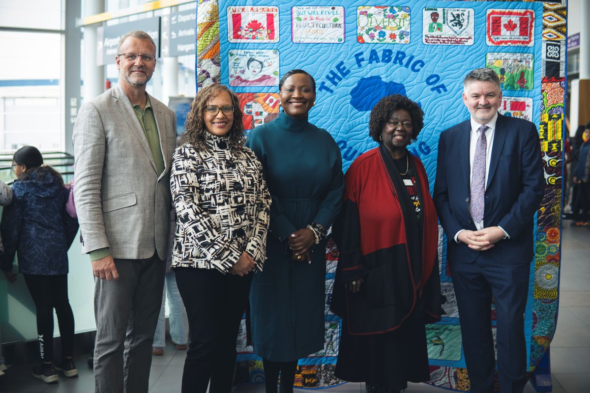 BBishopAirport's tweet photo. Proud to celebrate the unveiling of “The Fabric of Our Being” today at Billy Bishop Toronto City Airport. 

Conceptualized by poet, author and arts educator @nadinewilliams and her Collective and featuring designs by the students of the @TDSB_Waterfront, this textile art installation celebrates and brings awareness to the International Decade for People of African Descent.

Next time you are at the airport, see it for yourself! 

Learn more: https://t.co/0HJ4H25nGZ