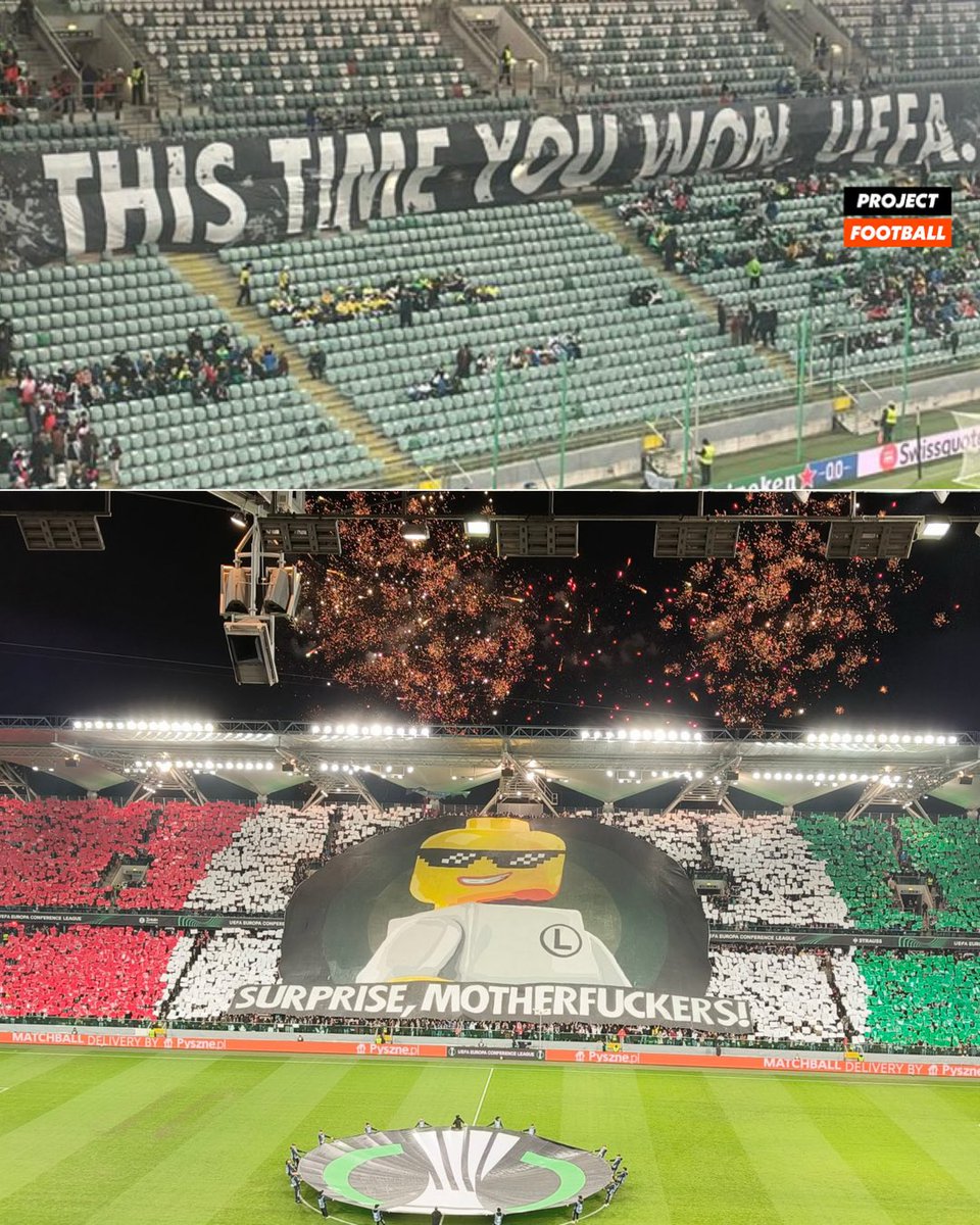 ProjectFootball's tweet image. Legia Warsaw’s reaction to UEFA shutting down their ultra section in tonight’s game…

SURPRISE! 😂