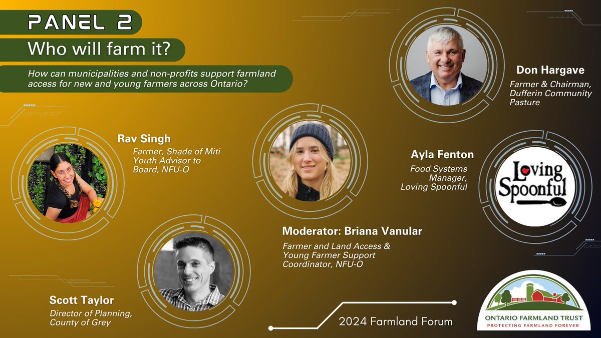 Check out the #FarmlandForum2024’s Afternoon Panel! We will explore municipal and non-profit solutions to land access for new farmers. Don Hargrave @BeefFarmersOn Rav Singh @shadeofmiti Ayla Fenton @lspoonful Scott Taylor @Scott_T_Taylor Moderator: Briana Vanular @NFUOntario