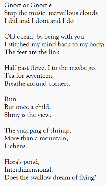 So <a href="/cosmosheldrake/">Cosmo Sheldrake</a> is releasing an album in April. I was just reading through all the song names and realized they can be read like a poem which is pretty cool!