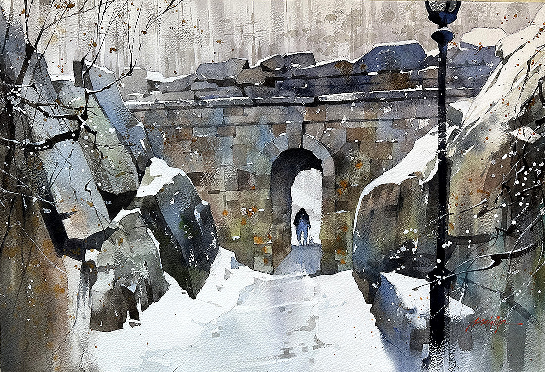 Snow - Arch Bridge The Ramble, @CentralParkNYC Thomas W Schaller 15x22 inches #art #watercolorpainting #NYC #architecture