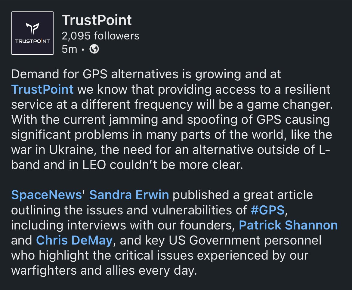 To learn more read below
spacenews.com/the-race-to-ba…

#TrustPoint #TrustPointGPS #GPS #GNSS  #PNT #GPSNavigation #DoD #SpaceForce #WarInUkraine #DualUse #Navigation #AltPNT #Techstartup #TimingAndSynchronization #EmergingTech #NewSpace #space #aerospace #SpaceTech #SpaceNews