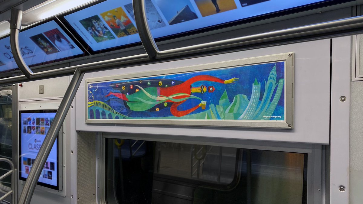 Now greeting riders along the commute is Yevgenia Nayberg’s art card “NYC Superhero,” which features an imagined transit superhero in flight, illustrating how New York’s vast transportation system enables riders to metaphorically fly across the city. instagram.com/p/C3qh0PnOtkf/…