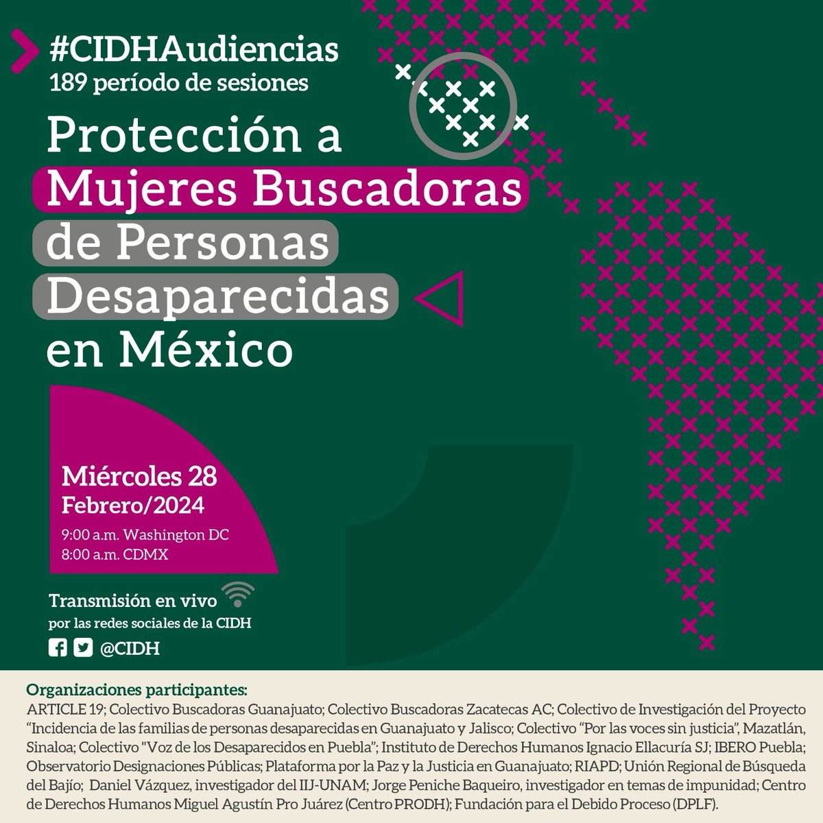 ⚡️🇲🇽  En México, miles de mujeres se han vuelto buscadoras tras las desapariciones de sus familiares.

📢 Es obligación del Estado brindar garantías de protección.

⬇️ Por ello, organizaciones y colectivos de buscadoras solicitamos esta audiencia temática en el #189PeríodoCIDH: