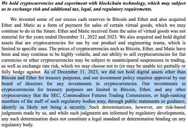 CryptoFo_Mo's tweet photo. Reddit IPO filing states the company owns Bitcoin and Ether and may continue to invest in those cryptocurrencies or any others that are not considered securities by the SEC. 

At one point they also held Polygon due to an NFT sale.   

$BTC $ETH $MATIC $RDDT https://t.co/EwoMyL25SL