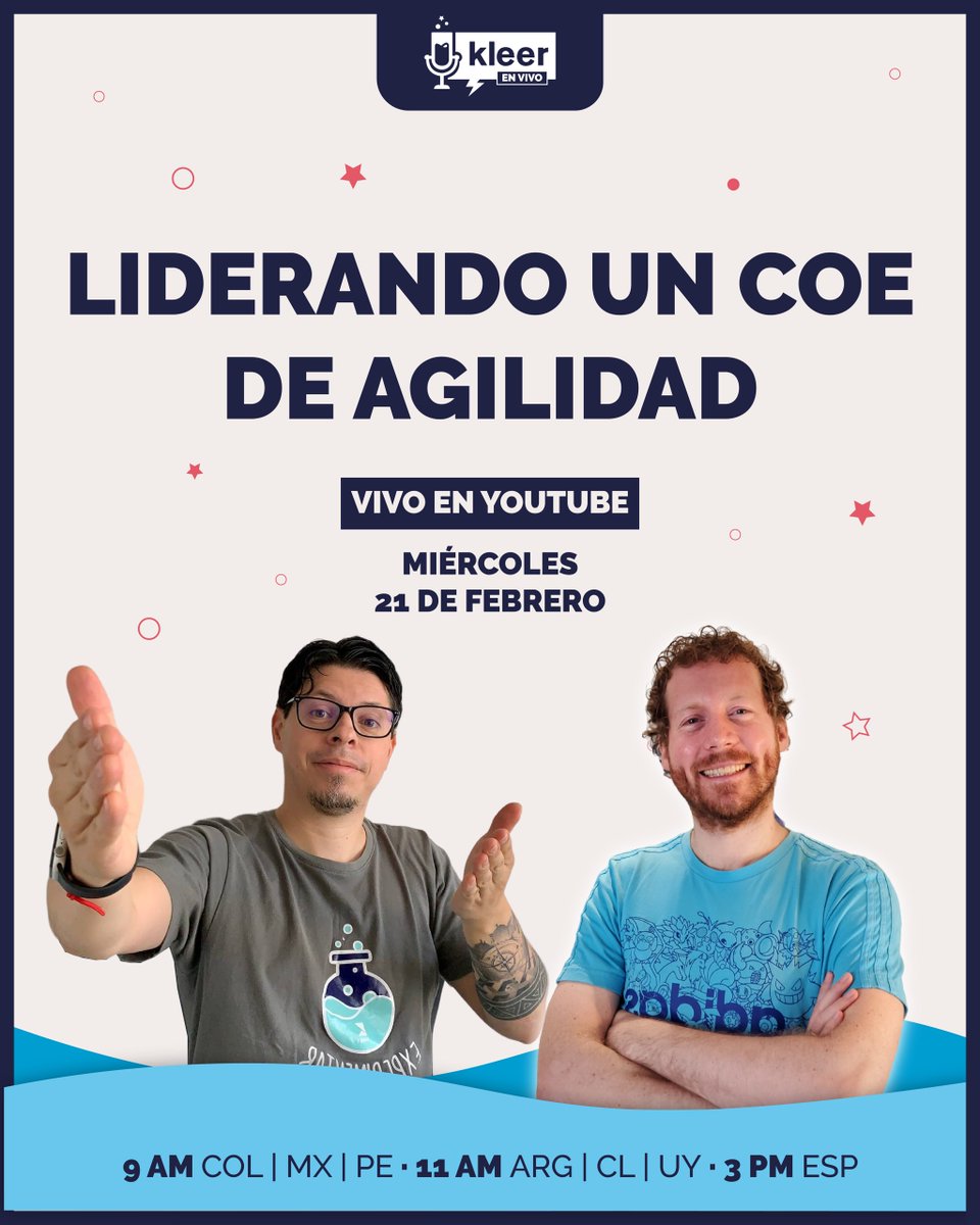 kleer_la's tweet photo. 🎙 #KleerEnVivo
En este segundo episodio, @pablitux  y @JeidVasquez  conversarán acerca de los desafíos y los frentes de trabajo que implica liderar un CoE (Centro de Excelencia) de Agilidad.

🔴 ¡Te esperamos el miércoles 21 de febrero en nuestro canal de YouTube!
#CoeAgilidad https://t.co/SjTc6sVzh3