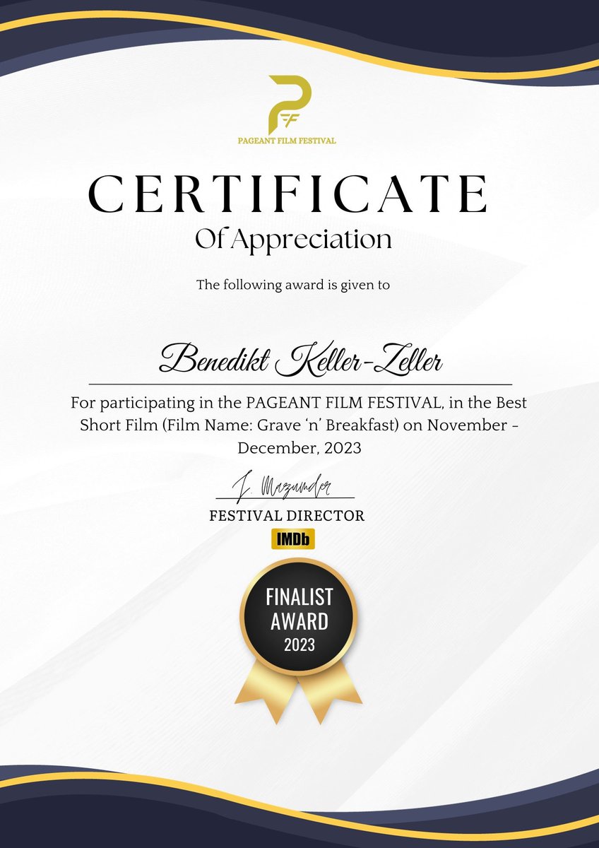 Funeral_Master's tweet photo. Amazing news! Grave ‘n’ Breakfast was just selected by @pageant_film (Pageant Film Festival) via https://t.co/h2LeZJ7QCC! - Wow, thanks for choosing me as a finalist! And it‘s great to received this certificate!!! #GraveNbreakfast #ShortFilm #Finalist #PageantFF #FuneralHomeFilms https://t.co/iH56D1LvdG