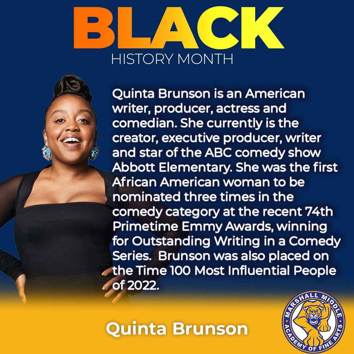 Marshall Middle School (@mmafahisd) on Twitter photo As we celebrate Black History Month, today we recognize Quinta Brunson. #wearemarshall #dreambig #blackhistorymonth <a href="/jbridgewaterEDU/">Jeff Bridgewater</a> @HISDCentral As we celebrate Black History Month, today we recognize Quinta Brunson. #wearemarshall #dreambig #blackhistorymonth <a href="/jbridgewaterEDU/">Jeff Bridgewater</a> @HISDCentral