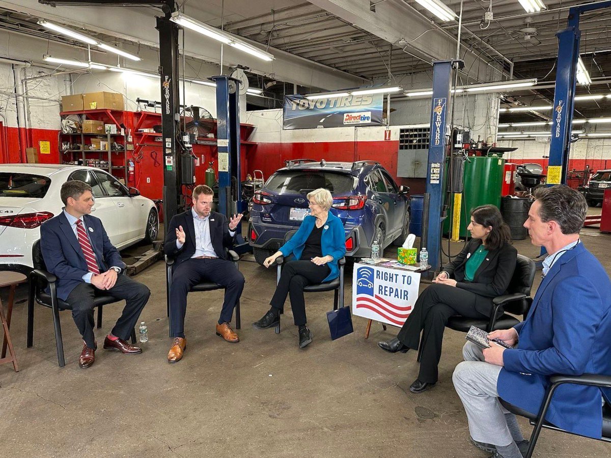 SenWarren's tweet photo. Car owners shouldn't be forced to pay higher costs at a dealership to get their cars fixed.

Thrilled to host FTC Chair @linakhanFTC in Massachusetts to talk about consumers’ right to take their own cars to the shop of their choice and how we can continue promoting competition. https://t.co/0r1Ri8nQNm