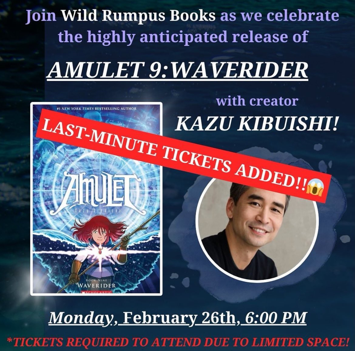 We moved to a larger venue and have released 30 additional tickets to our event with AMULET creator Kazu Kibuishi on Monday, 2/26! Registration is required to attend. Link in bio, when they're gone, they're gone!