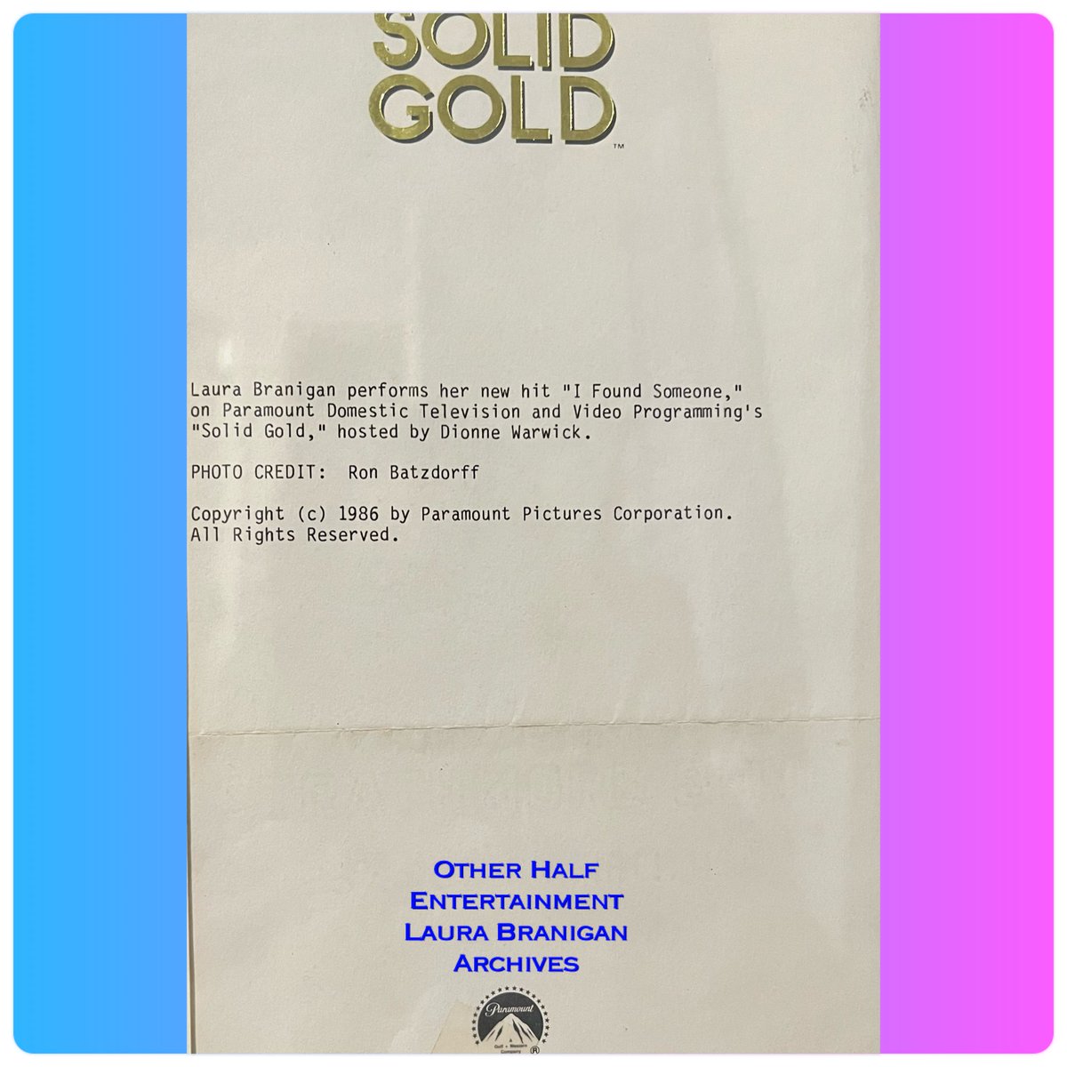 #OtherHalfEntertainment #Archives Promotional photo with description on 'Solid Gold' letterhead for Laura's performance of 'I Found Someone' that aired on February 22, 1986 on the hit music TV show. 📷 ~ Kathy Golik, Legacy Manager

🔷 Text:

Laura Branigan performs her new hit