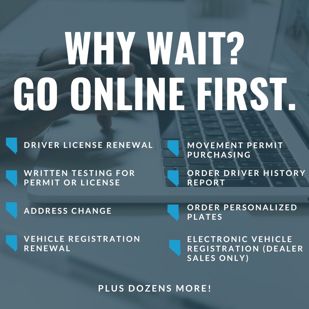 NevadaDMV's tweet photo. Don't spend all your time waiting in line, go ONLINE! 📲
We have over two dozen services available online, giving you the freedom to DMV anytime and anywhere. 😉 #Nevada #DMV #nevadadmv #ConvenienceIsKey https://t.co/vvKlLUIpSG