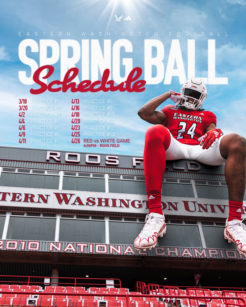 EWU Football 🏈 (@ewufootball) on Twitter photo Winter's end means football begins! Eags hit the red turf for spring ball next month — Red-White Game on April 26th.
DETAILS 🔗 loom.ly/2a3zY1M
#GoEags #EKG | <a href="/EWUAthletics/">EWU Athletics 🦅</a> Winter's end means football begins! Eags hit the red turf for spring ball next month — Red-White Game on April 26th.
DETAILS 🔗 loom.ly/2a3zY1M
#GoEags #EKG | <a href="/EWUAthletics/">EWU Athletics 🦅</a>