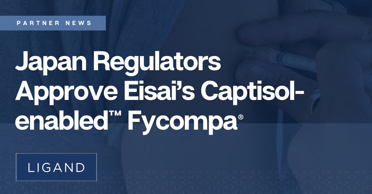Ligand_LGND's tweet photo. We are excited to share that @Eisai_SDGs injection formulation of antiepileptic drug #Fycompa is the 16th Captisol-enabled™ product approved worldwide. Read more: https://t.co/f2Wiu7M4Nn

#Captisol #drugdevelopment #drugroyalty https://t.co/TxLPQbXkvb