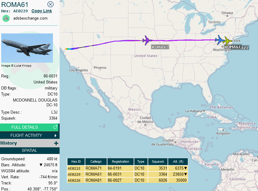 SirListenalot's tweet photo. #KC10's #AE0229 #ROMA61, #AE021E #ROMA71, #AE0226 #ROMA81 relocating from Travis to McGuire for upcoming #CoronetEast 019. Likely "AV" #F16's from CONUS to Aviano, Italy https://t.co/eGkAriQIvd