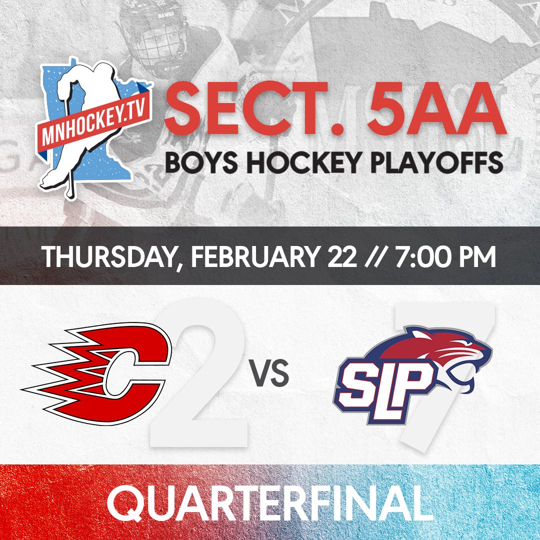 mnhockeytv's tweet image. Section 5AA quarterfinal action tonight on MNHockey.TV! All games start at 7pm.

Centennial-SLP: mnhockey.tv/livestream/s-c…

Champ Park-TG: mnhockey.tv/livestream/s-c…

MG-Blaine: mnhockey.tv/livestream/s-m…

Rogers-Coon Rapids: mnhockey.tv/livestream/s-r…
