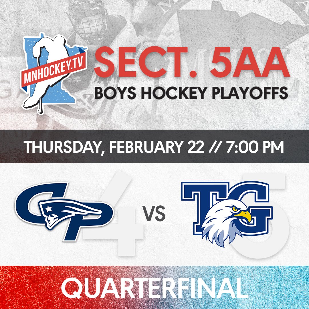 mnhockeytv's tweet image. Section 5AA quarterfinal action tonight on MNHockey.TV! All games start at 7pm.

Centennial-SLP: mnhockey.tv/livestream/s-c…

Champ Park-TG: mnhockey.tv/livestream/s-c…

MG-Blaine: mnhockey.tv/livestream/s-m…

Rogers-Coon Rapids: mnhockey.tv/livestream/s-r…