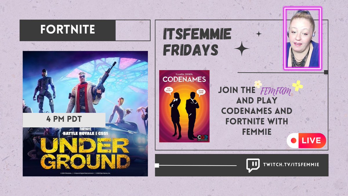 ItsFemmie's tweet photo. This weeks planned stream
We have a night fulla marbles, codewords, and fortnite (now with Gaga!)
I also plan to do a lil Cultypoo tonight and maybe some red dead 2 this weekend? more cult? No way to know unless ya stop by and say HI  💜
See yall soon at https://t.co/YvXqLi7vje https://t.co/LfDJLmovxu