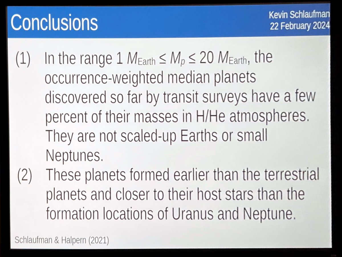 DrPhiltill's tweet photo. Kevin Schlaufman shows evidence that the vast numbers of planets we are finding that are between the sizes of Earth and Neptune are compositionally unlike either. They are something we don’t see in our Solar System. #planettypes https://t.co/7a49f3ReoL