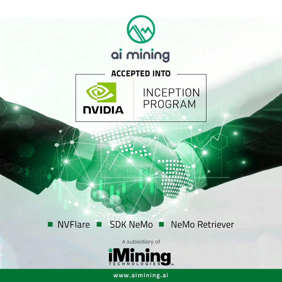 News! 
<a href="/aimining_tech/">AiMining Technologies</a> , a subsidiary of <a href="/iMiningInc/">iMining</a>, joins the <a href="/nvidia/">NVIDIA</a> Inception program! 🎉 Accelerating AI innovation with NVIDIA's resources. Grateful for this opportunity and eager to make our mark! 🌟
More info: bit.ly/42Nz1wK