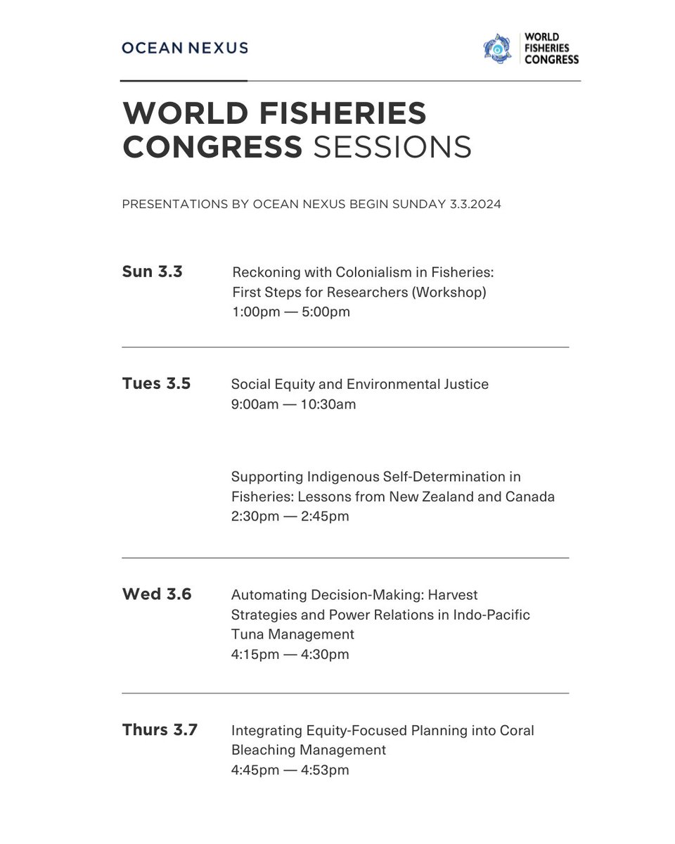 Ocean Nexus (@ocean_nexus) on Twitter photo Plans to improve the state of the world’s fisheries must include social equity.
Ocean Nexus members and colleagues will be presenting their latest projects on social equity in fisheries at #WFC2024 (<a href="/world_fisheries/">World Fisheries Congress</a>).
<a href="/AmFisheriesSoc/">American Fisheries Society</a> #OceanEquity Plans to improve the state of the world’s fisheries must include social equity.
Ocean Nexus members and colleagues will be presenting their latest projects on social equity in fisheries at #WFC2024 (<a href="/world_fisheries/">World Fisheries Congress</a>).
<a href="/AmFisheriesSoc/">American Fisheries Society</a> #OceanEquity