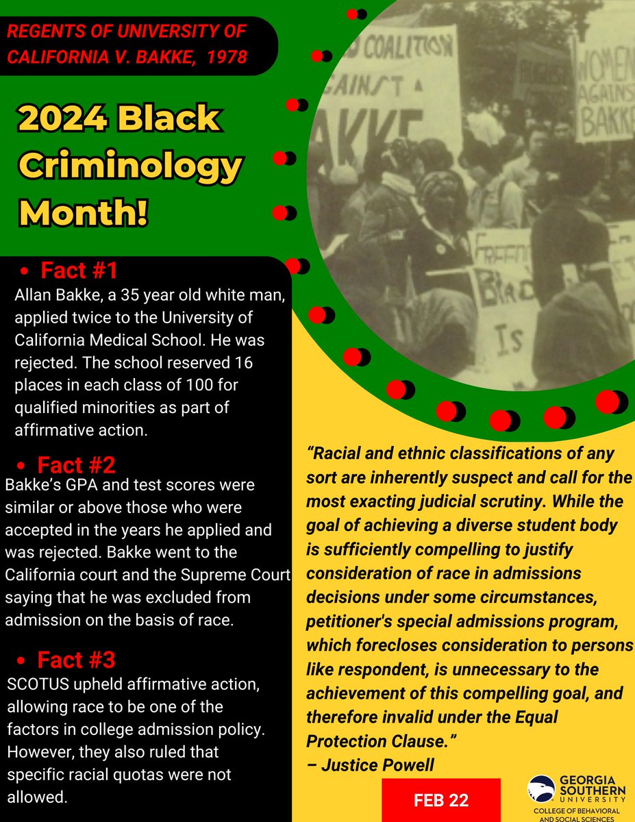 Day 22!
#RegentsOfUniversityOfCaliforniaVBakke #UniversityAdmissions #BlackHistoryMonth #CriminalJustice #Criminology