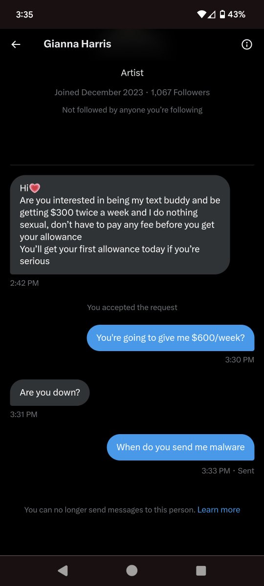 vxunderground's tweet photo. We had a real chance at love. A mystery woman offered us $600/week. 

All we did is ask for the malware and she blocked us:( https://t.co/PprBPGWTtv