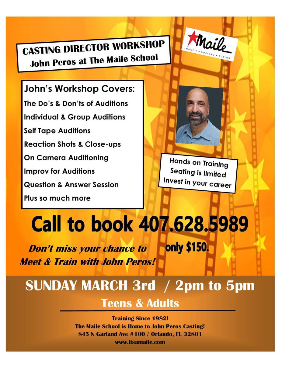 TheMaileSchool's tweet photo. ONLY A FEW MORE SPOTS AVAILABLE‼️
Call today at 407-628-5989 to register for the John Peros Casting Director Workshop and learn how to book your next acting job🌟
#orlandoflorida #commercial #workshop #JohnPeros #castingdirector #auditions #selftape #bookedactor #actress #actor https://t.co/7HQN4YaLbV