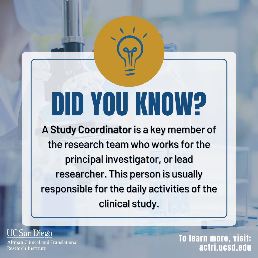 ucsdactri's tweet photo. 🔹 Today's research glossary term spotlight is 'Study Coordinator' -  Integral to clinical studies, a #StudyCoordinator oversees daily operations for the lead researcher.
👉 Explore more in our Clinical Trial Glossary: https://t.co/Pqanx1jMCv

 #ResearchGlossary #ClinicalTrials https://t.co/NnvtwQboAo