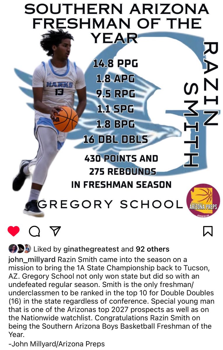 Razin Smith (@razinsmith45) on Twitter photo Year 1 💍🏆💙🏀
Region Player of the Year
Southern Arizona Freshman of the Year
1A Arizona State Champion
<a href="/PrepHoopsAZ/">Prep Hoops Arizona</a> <a href="/AzPreps365Brian/">Brian M. Bergner Jr.</a> <a href="/azc_obert/">Richard Obert</a> <a href="/GreggRosenberg1/">Gregg Rosenberg</a> @Trigonis30 <a href="/PangosAACamp/">Pangos All-American Camp</a> <a href="/Top100Camp/">Top 100 Camp</a> <a href="/_proinsight/">Pro Insight</a> <a href="/ArizonaPreps/">Anthony Ray</a> <a href="/PrepHoopsAZ/">Prep Hoops Arizona</a> <a href="/dshow23/">Don Showalter</a> <a href="/USABYouth/">USA Basketball Youth</a> Year 1 💍🏆💙🏀
Region Player of the Year
Southern Arizona Freshman of the Year
1A Arizona State Champion
<a href="/PrepHoopsAZ/">Prep Hoops Arizona</a> <a href="/AzPreps365Brian/">Brian M. Bergner Jr.</a> <a href="/azc_obert/">Richard Obert</a> <a href="/GreggRosenberg1/">Gregg Rosenberg</a> @Trigonis30 <a href="/PangosAACamp/">Pangos All-American Camp</a> <a href="/Top100Camp/">Top 100 Camp</a> <a href="/_proinsight/">Pro Insight</a> <a href="/ArizonaPreps/">Anthony Ray</a> <a href="/PrepHoopsAZ/">Prep Hoops Arizona</a> <a href="/dshow23/">Don Showalter</a> <a href="/USABYouth/">USA Basketball Youth</a>