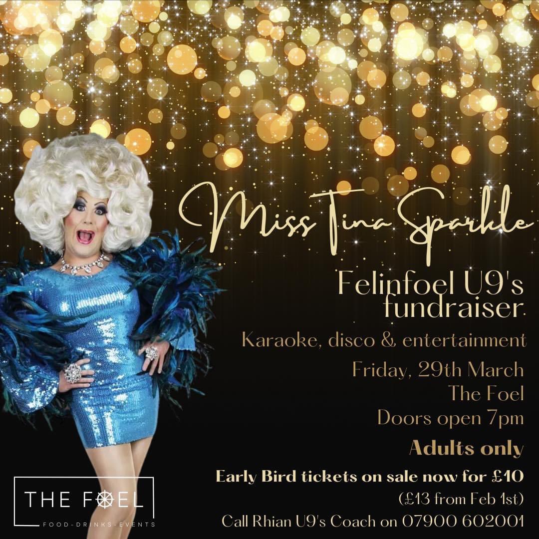 minis_rfc's tweet photo. We have the one and only @TinaSparkle_ entertain us @FelinfoelRFC on 29th March. Tickets on sale from behind the bar @vivalafoel Come join the fun https://t.co/dhDW5Xd5PK