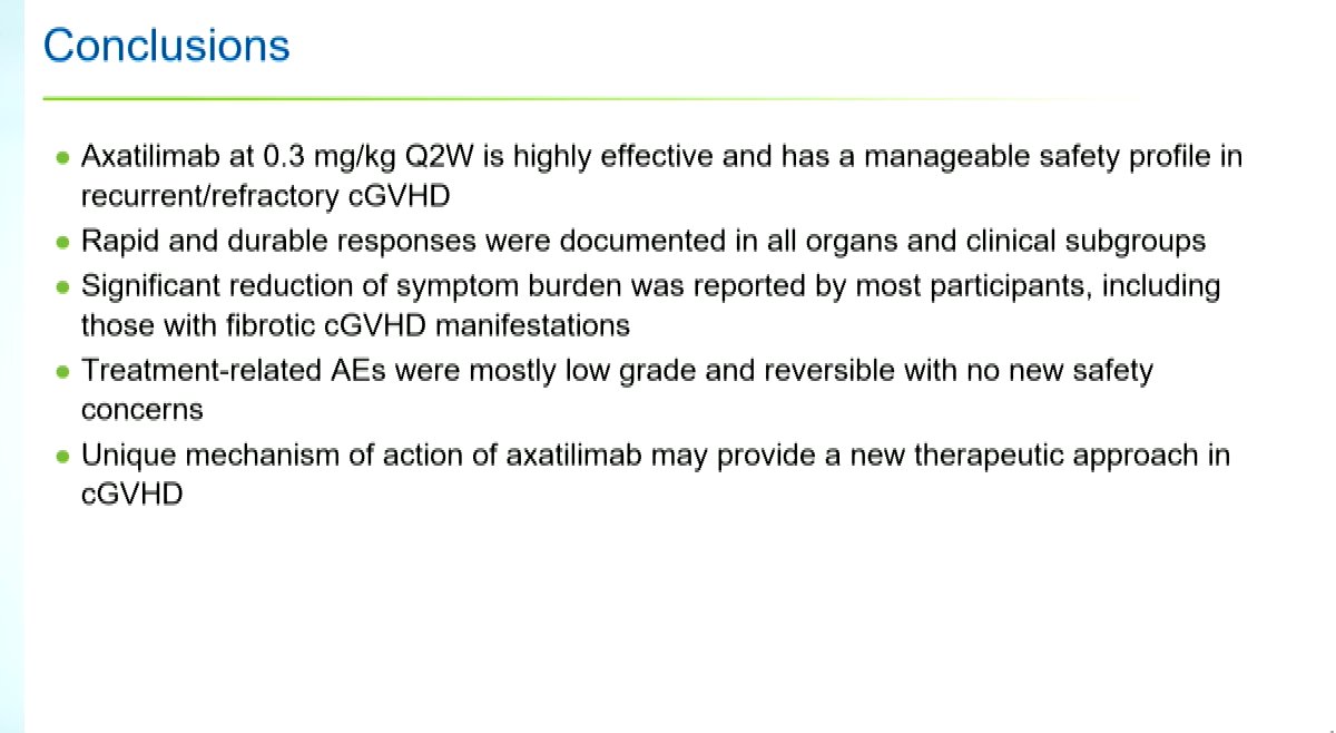 CONGRESS | #Tandem24 @DrZackDeFilipp summarizes data from the AGAVE-201 study, which met the primary endpoint. Dose levels of axatilimab were assessed in pts with R/R chronic #GvHD. Findings from the 0.3mg/kg Q2W dose were presented; by cycle 7 ORR was 74%. @MGHCancerCenter