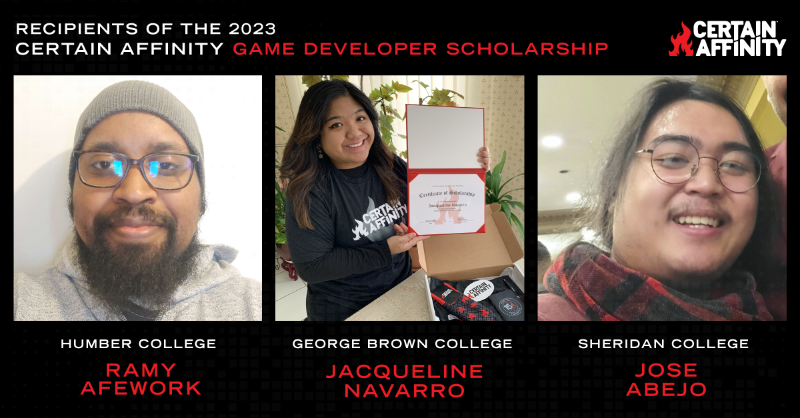 CertainAffinity's tweet photo. As part of our community efforts, we're proud to announce three scholarship winners in partnership with Sheridan College, Humber College, and George Brown College.

Congrats to Ramy, Jacqueline, and Jose!