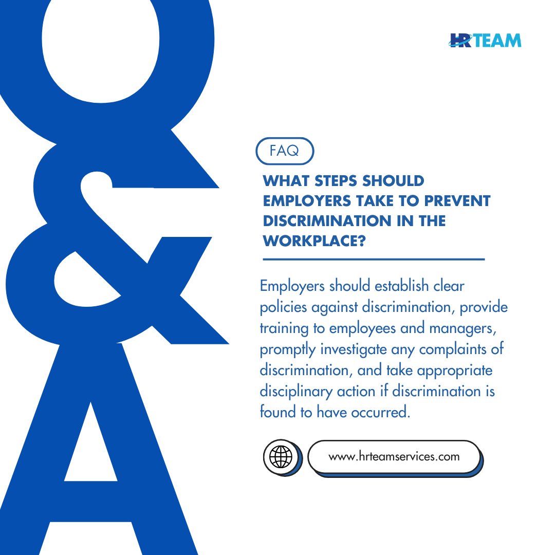HR_TeamService's tweet photo. 🚫 Here are key steps employers should take to prevent it, discrimination has no place in the workplace.

If you need any more assistance, contact us today for more info. Together, let's create inclusive and respectful workplaces. #Equality #Inclusion #WorkplaceEquality https://t.co/TABercuplE