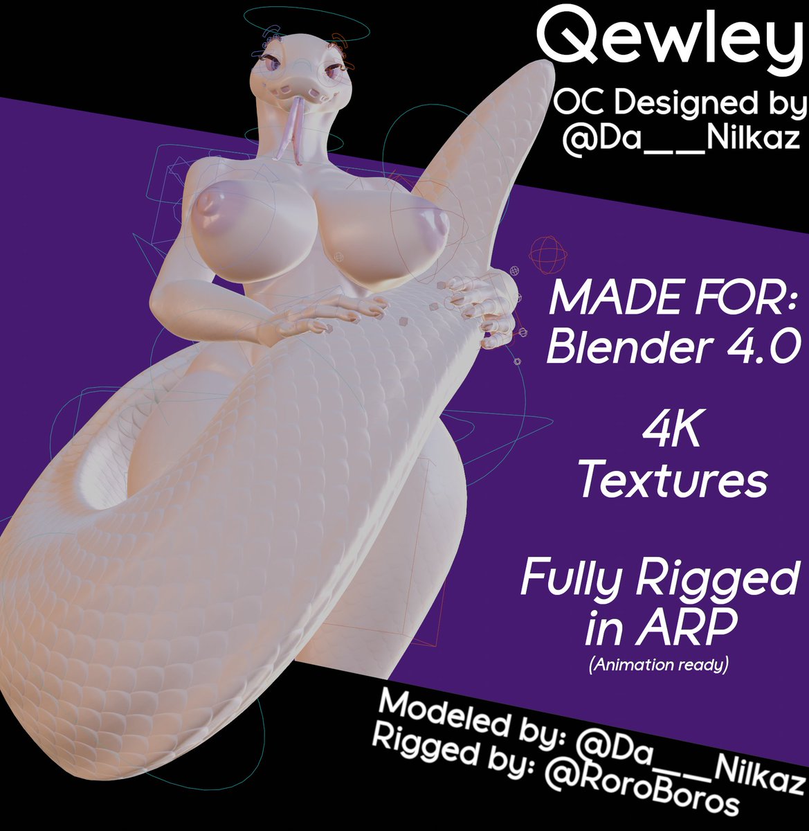 RoroBoros's tweet photo. Qewley is Fully out and available!!

23k polys, 4k textures, RIGGED for Blender 4.0, NSFW 
Model was made by: @da__nilkaz 
And Rigged by me!

You can get her on nilkaz's boosty or my P@treon! Link in our Bios!