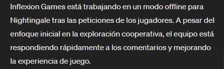 zukyez's tweet image. 🌟 Nightingale pronto contará con un modo offline, ¡respondiendo a la demanda de los jugadores! Los desarrolladores de Inflexion Games están comprometidos con mejorar la experiencia de juego. 🎮 #Nightingale #ModoOffline #InflexionGames