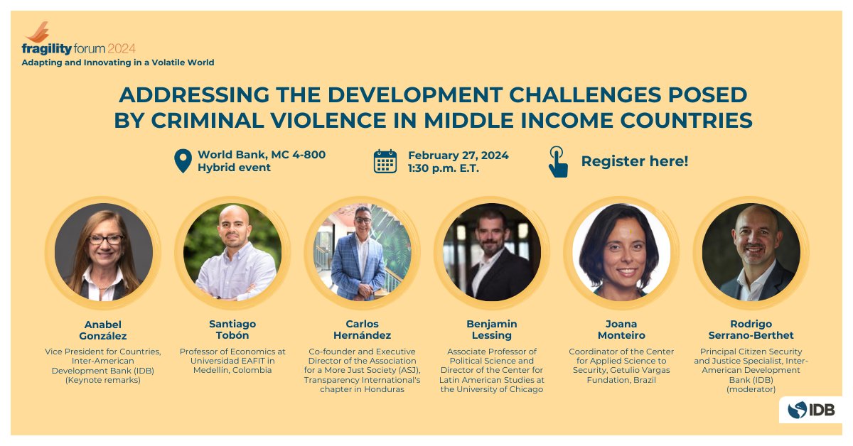 CValorPublico's tweet image. El costo económico del crimen y la violencia en los países de ingresos medios es alto: solo en #LAC, más del 3% del PIB.
Regístrense ya en el #FragilityForum del @WorldBank.  Mañana vence el plazo. web.cvent.com/event/50679433…