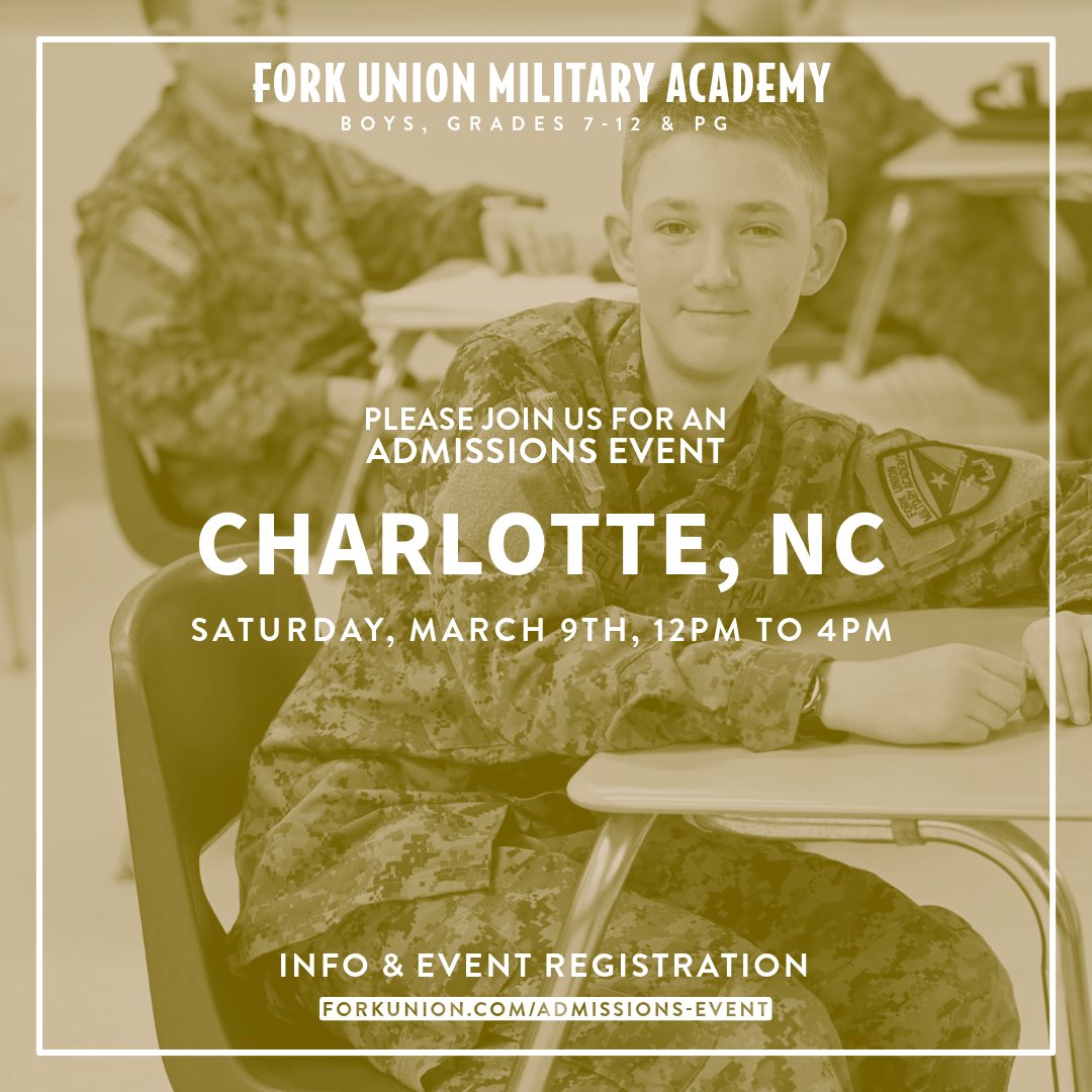 Interested in learning more about Fork Union Military Academy? An admissions representative will be in Charlotte, NC on Saturday, March 9th, from 12 PM to 4 PM, for an Admissions Event held at Providence Country Club in Charlotte. Learn more: hubs.ly/Q02l-xhd0

#forkunion