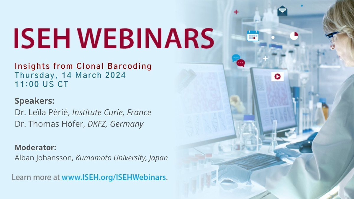 Join the ISEH New Investigators for their live webinar on Insights from Clonal Barcoding taking place 14 March. Featuring talks from Drs. Leïla Périé and Thomas Höfer - you do not want to miss it! Register for FREE today 💻 buff.ly/41xjkZV