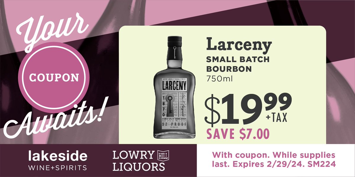 Save $7.00 on @larcenybourbon Small Batch Bourbon 🥃 750ml bottles throughout the month of February with this virtual coupon while supplies last! 

#larcenybourbon #smallbatchbourbon #whiskey #bourbon #february #cheers