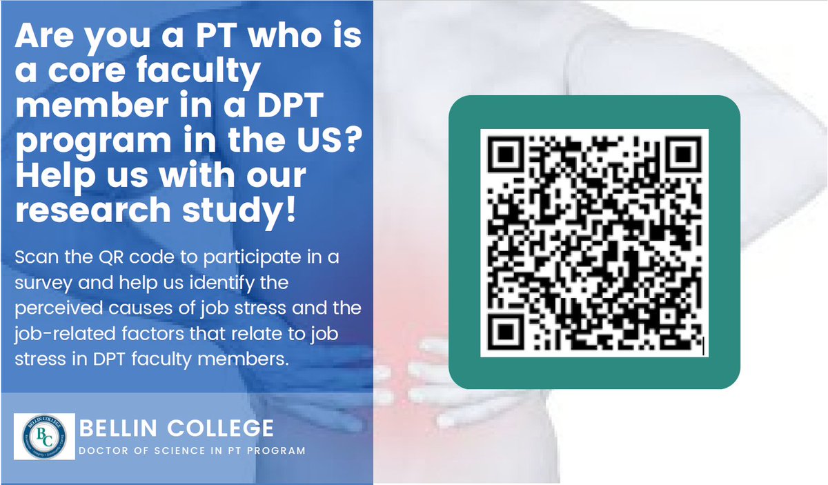 Are you a physical therapist who is a core faculty in a DPT program in the US?

Help us understand the causes of, and contributing factors, to job stress in DPT faculty members by completing the survey. #PhysicalTherapy #physicaltherapist

Link here: redcap.link/u3hoqysx