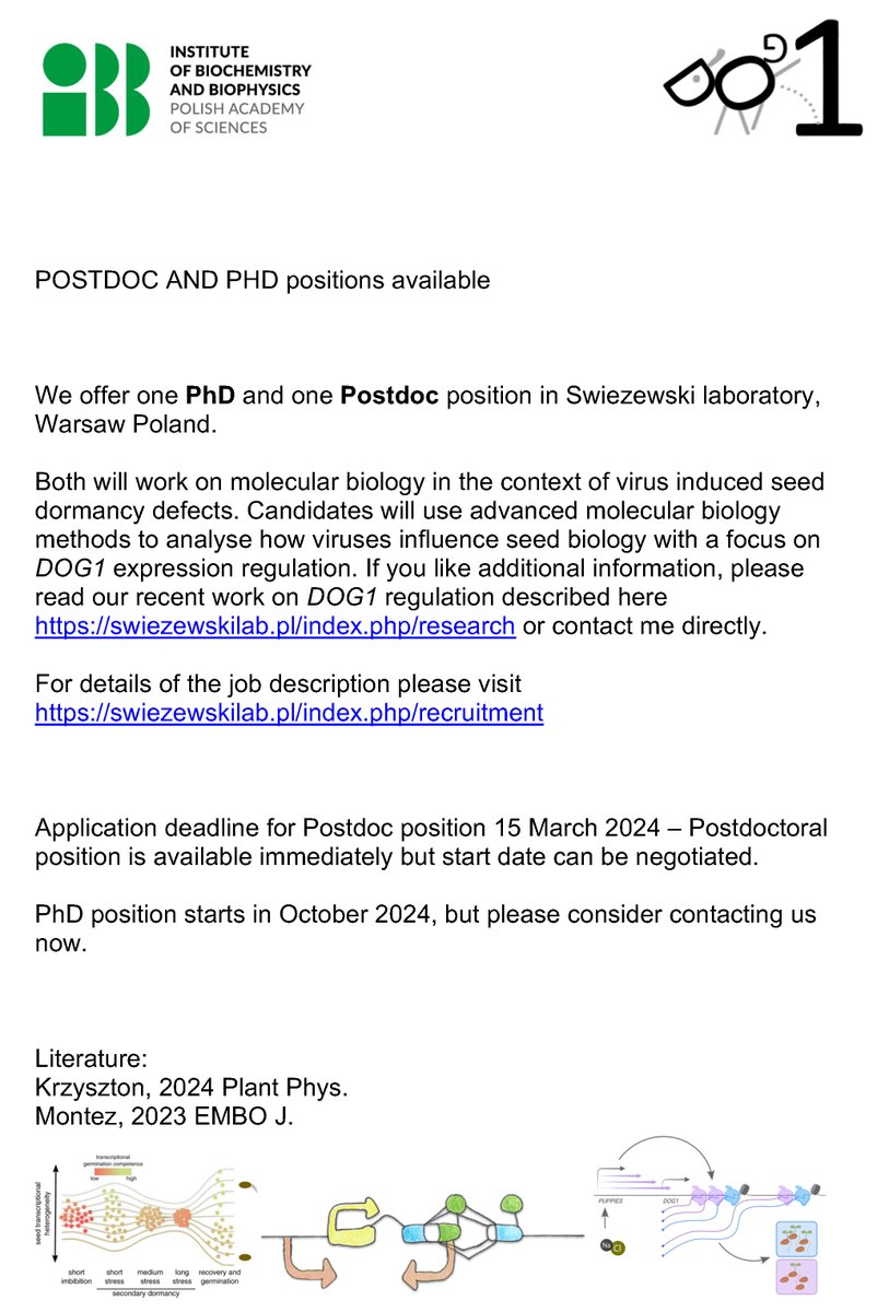 POSTDOC AND PHD positions available at Szymon Swiezewski's lab swiezewskilab.pl
Both PhD and Postdoc will work on molecular biology in the context of virus induced seed dormancy defects. More info: