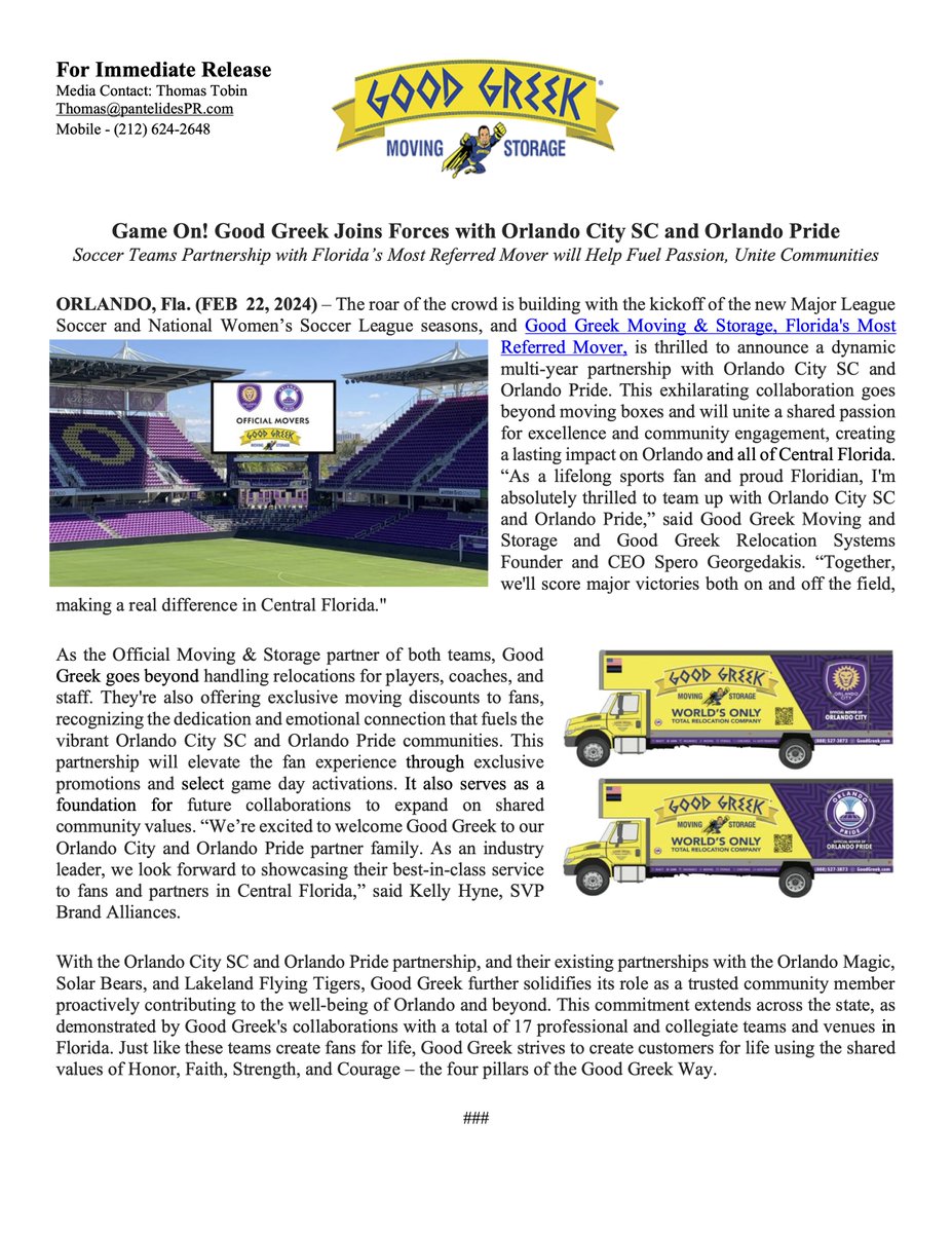 tvnooz's tweet photo. Joining Forces:  @GoodGreekMoving partners with @OrlandoCitySC and @ORLPride #OCSC #NWSL #ORLANDOPRIDE #OrlandoCitySC #Soccer #MLS @FS1 @FOXSports @pantelidespr https://t.co/mrEDVokW4I