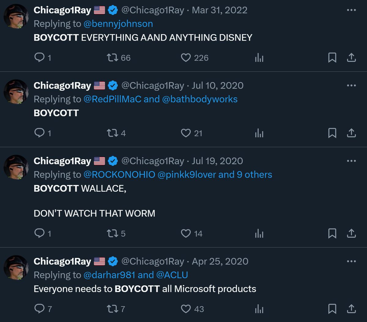 @Chicago1Ray @DavidTh10828482 @FoxNews @foxnewspolitics @JesseBWatters Come on dude. You deleted posts. You have a clear history of crying for a boycott on every imaginable thing.