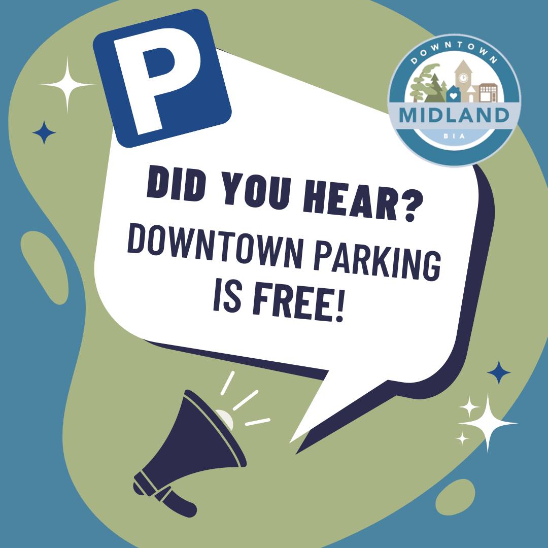 Exciting news for Downtown Midland! 

Downtown parking is FREE, including side streets and back lots.

#northsimcoe #heartofgbay #economicdevelopment #lovelocal #discoverdowntownmidland #togetherwearedowntownmidland #downtownmidland #downtownmidlandon #midlandon